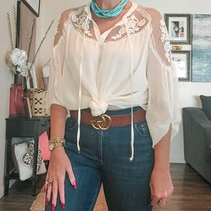 Hayden Los Angeles Cream Lace Inset Flowy Blouse